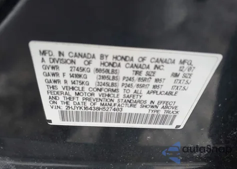 2008 Honda Ridgeline Rts z USA, uszkodzony, nr VIN 2HJYK16438H527403